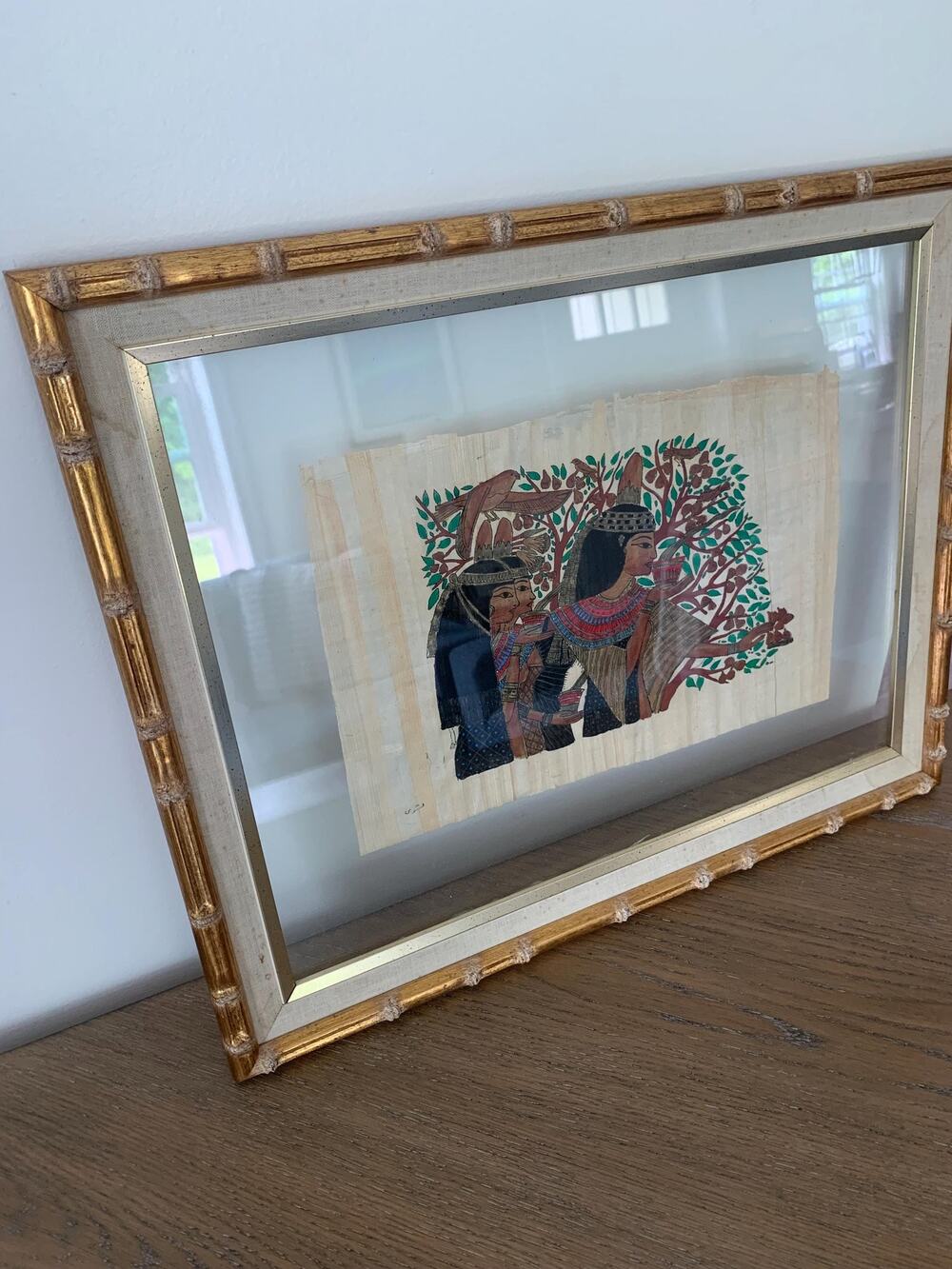 Vintage Egyptian Papyrus Art Framed Double Glass Shadowbox Signed